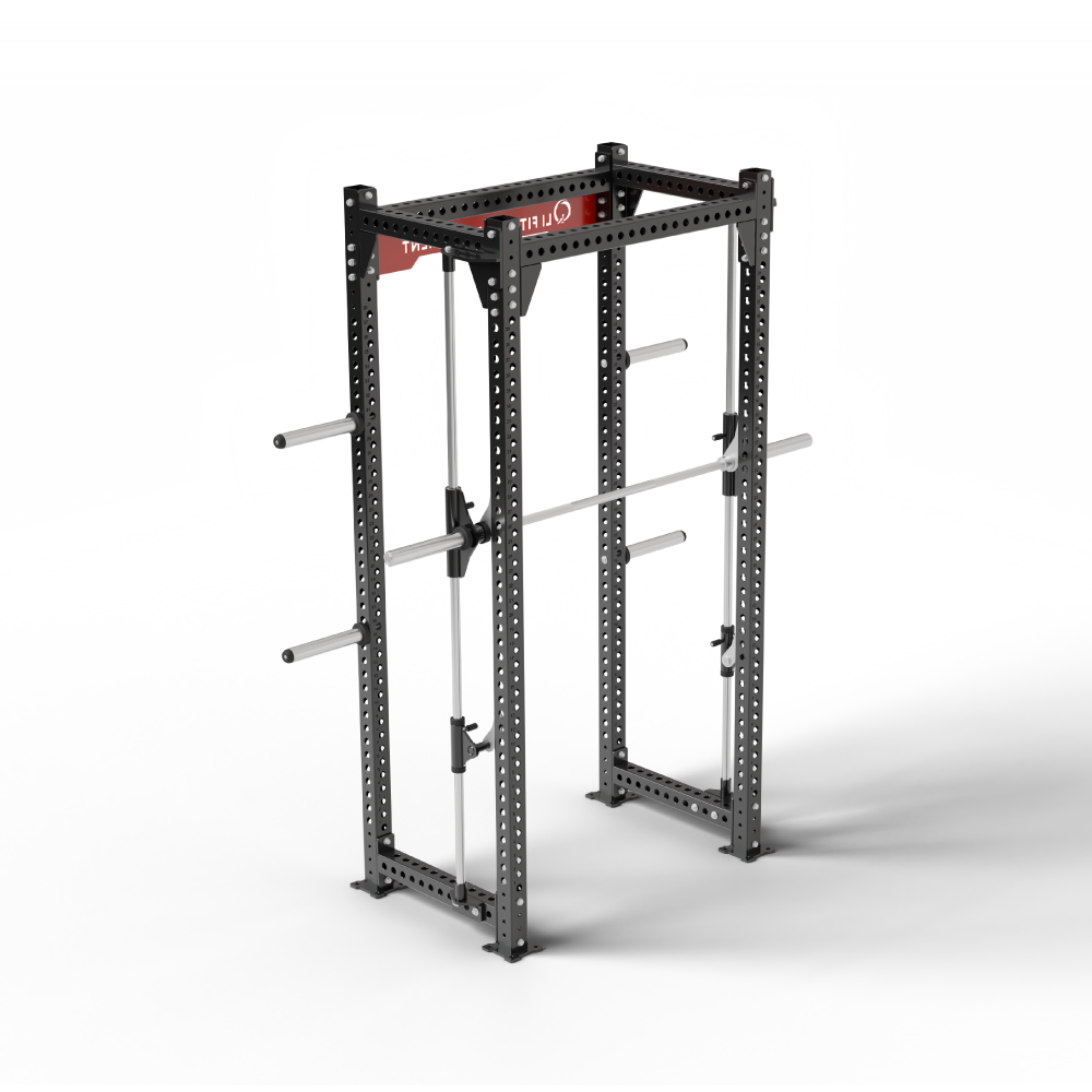 QLI Power Squat Rack QPSR02 with integrated Smith machine, red branded crossmember and plate storage horns
