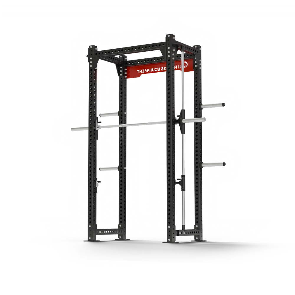 QLI QPSR02 power squat rack three-quarter view, showing the Smith guide rods and plate storage