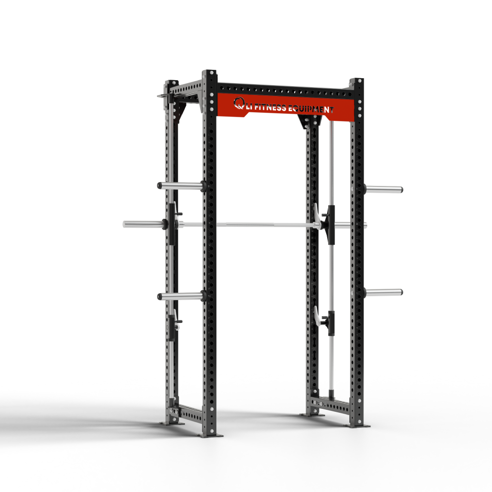 QLI QPSR02 power squat rack from the front, showing the Smith bar between the uprights