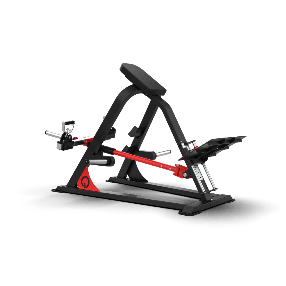Side view of the QLI QPTBR86 T-bar row, showing the chest pad incline and lever bar