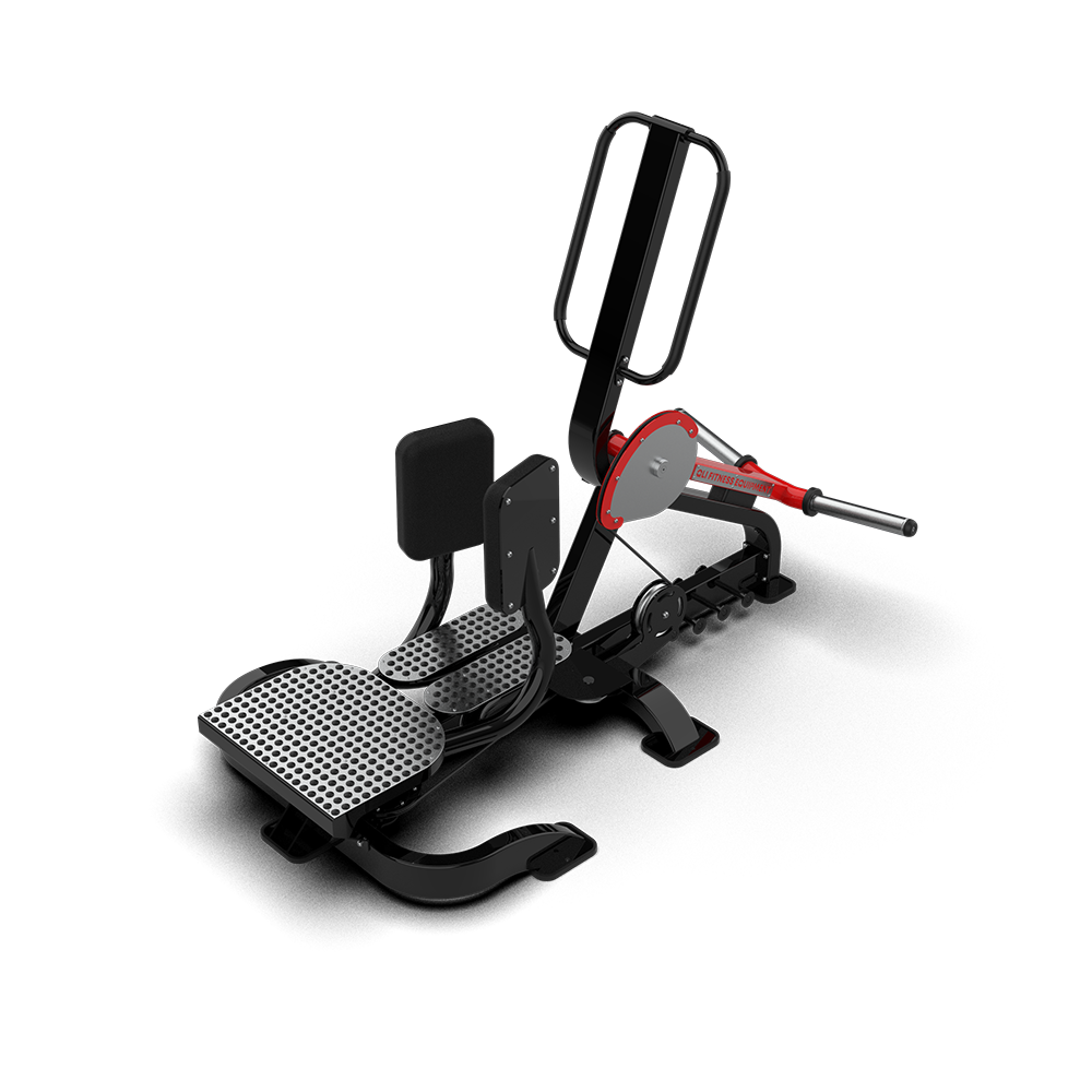 QLI Standing Abductor Machine QSA074 - plate-loaded hip abductor with perforated foot platform, padded thigh pad, tall handle frame and red lever arm