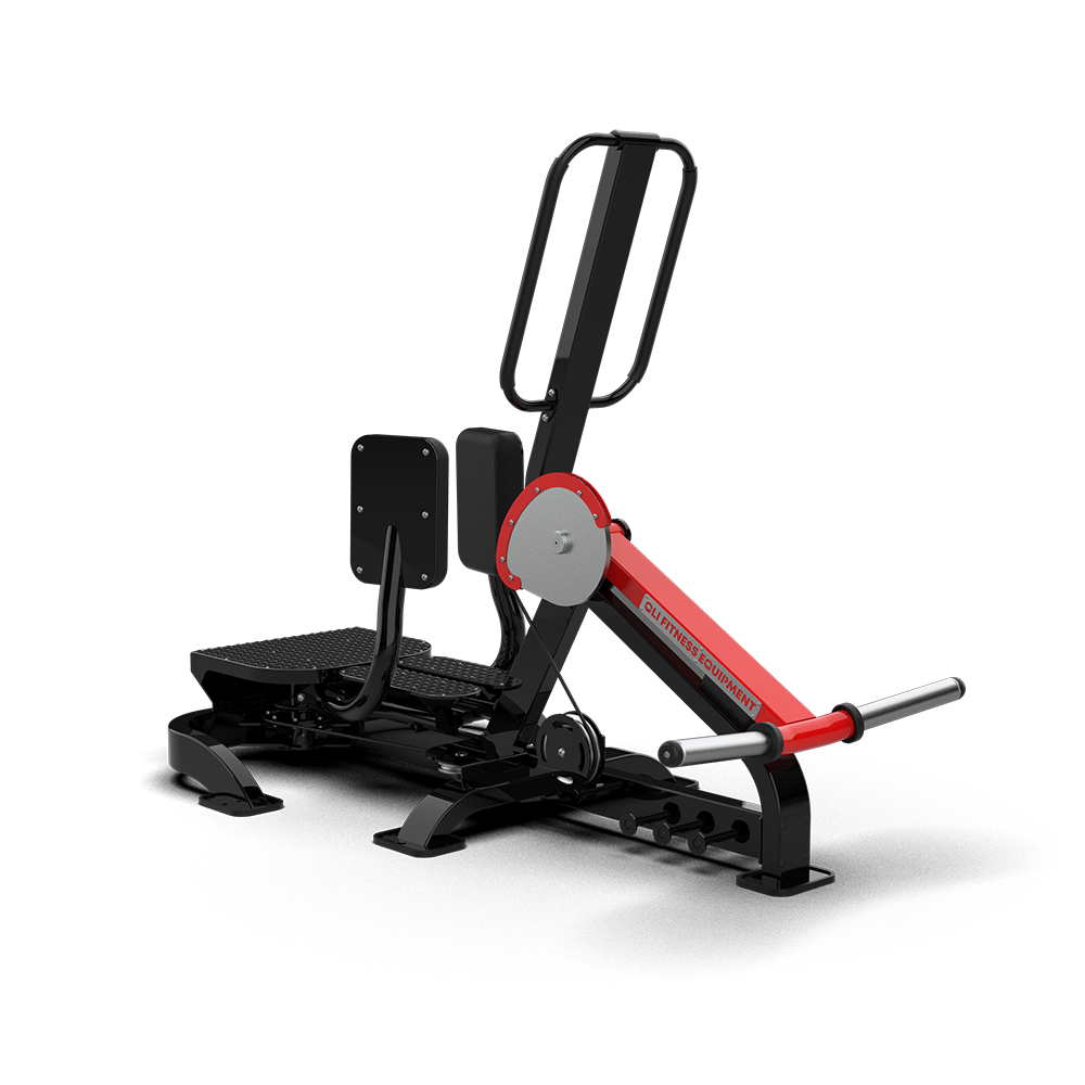 QLI QSA074 standing abductor from the lever-arm side, showing the red arm, pivot disc and plate horn