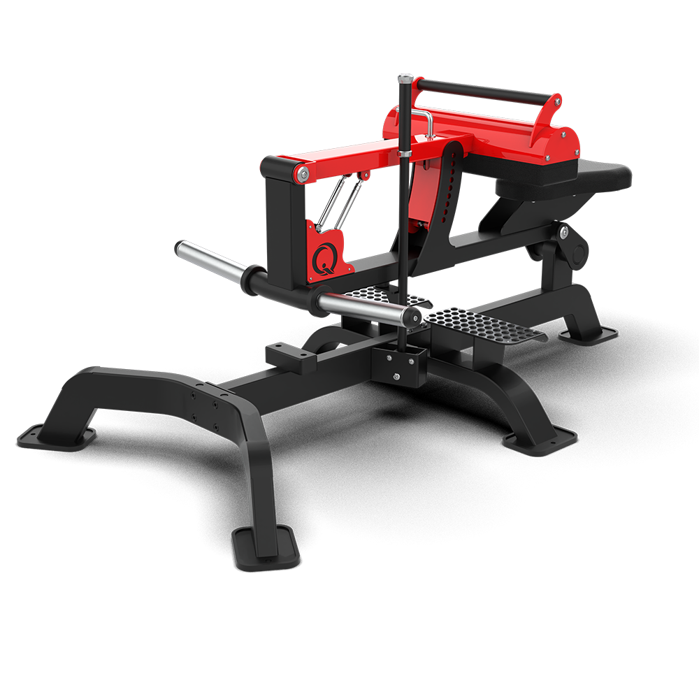 QLI Seated Calf Raise Machine QSCR075 with red thigh pad lever, non-slip footplates and padded seat