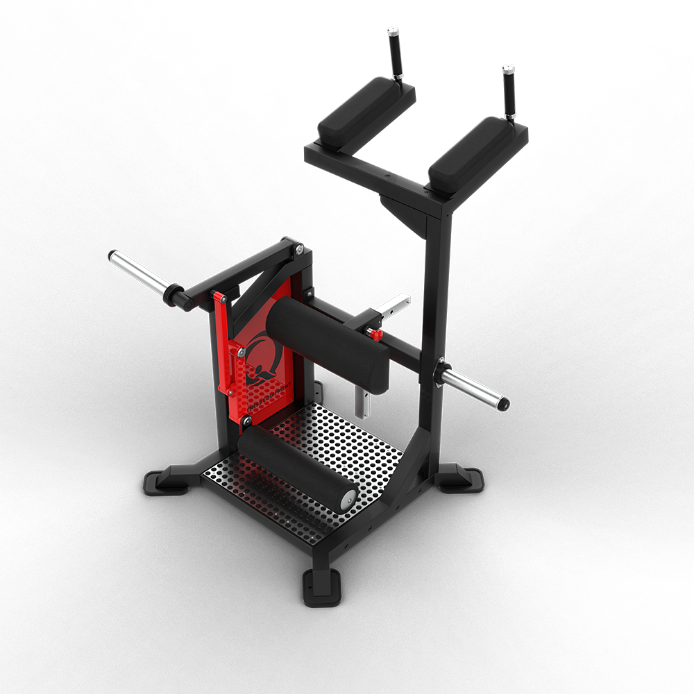 QLI Compact Standing Leg Curl QSLC038 with angled chest pad, red shroud, knee pad and footplate