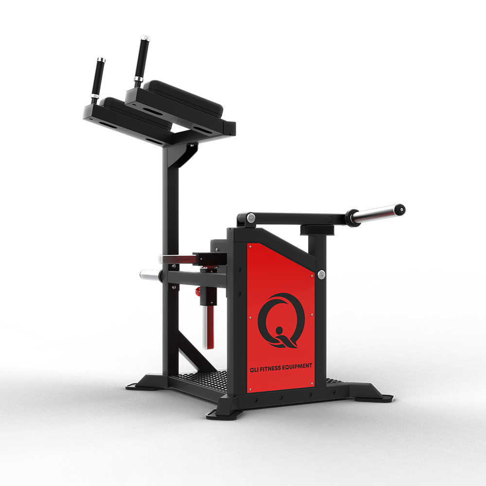 QLI Compact Standing Leg Curl QSLC038 with angled chest pad, red shroud, knee pad and footplate