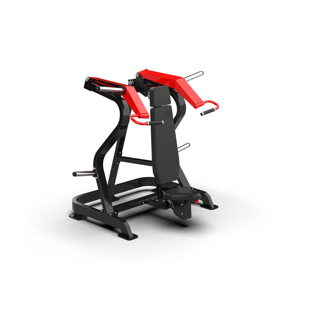 QLI QSPM070 shoulder press three-quarter view, showing the backrest and press handles