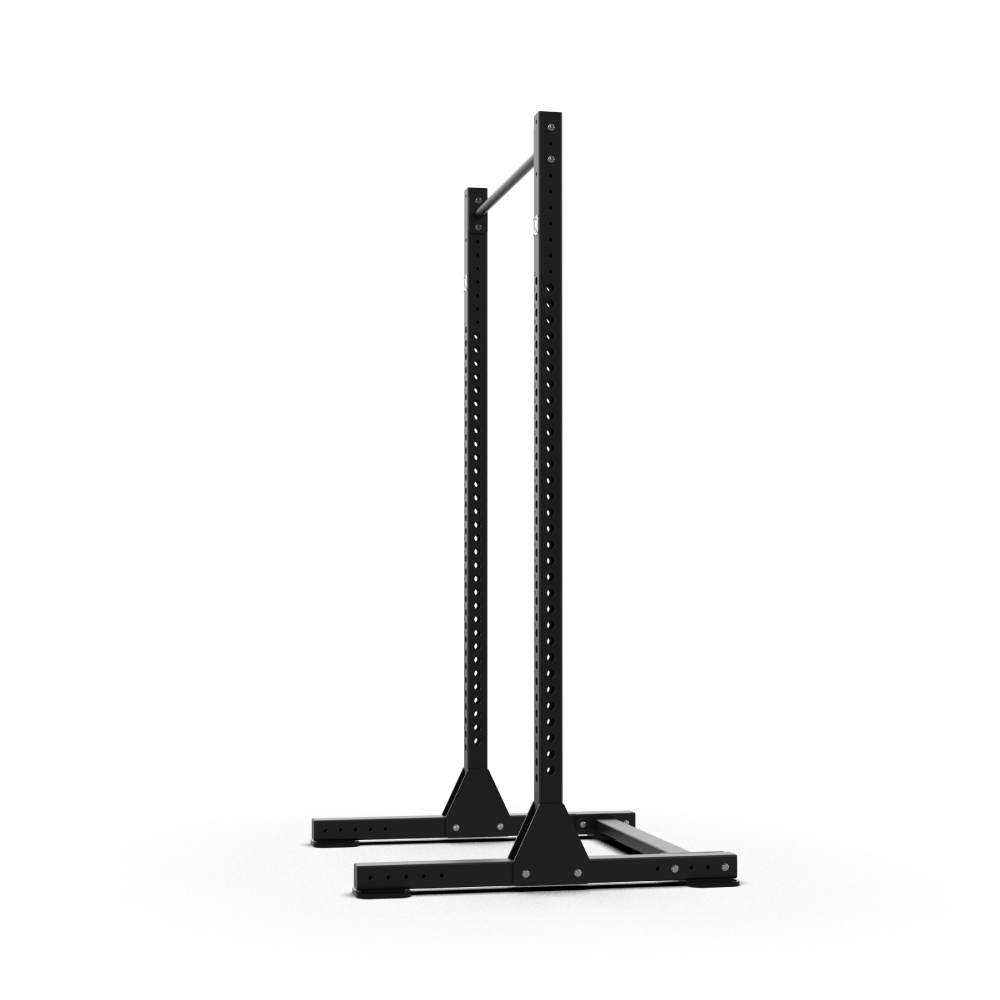 Side profile of the QLI QSPX1 squat stand, showing the wide stabilising feet