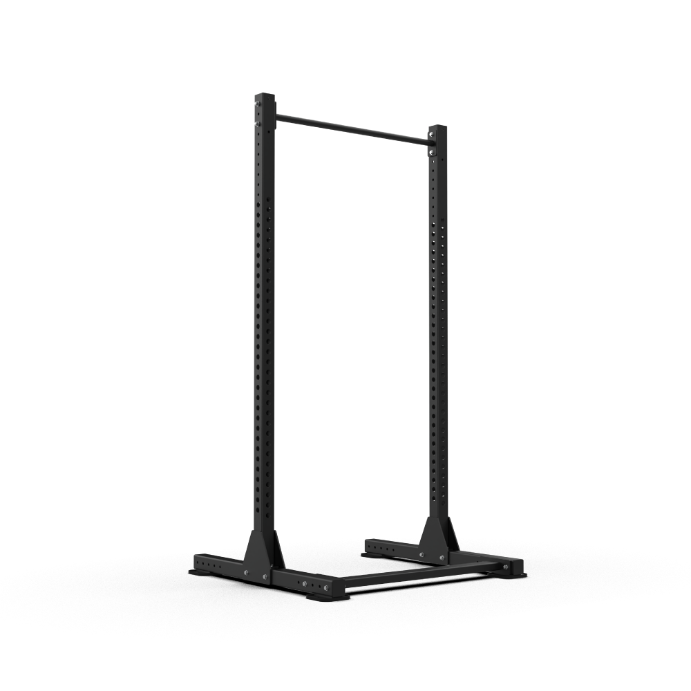 QLI QSPX1 squat stand three-quarter view, showing the hole-punched uprights and base