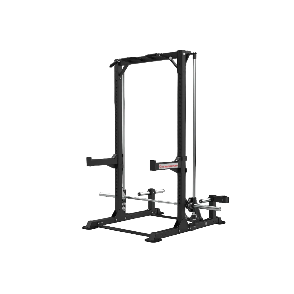 QLI Squat Rack Frame QSRF01 - commercial half rack with integrated guided barbell, front safety arms, multi-grip pull-up bar and rear plate storage