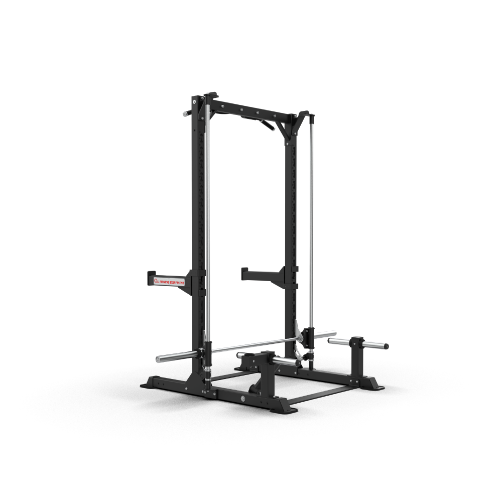 QLI QSRF01 half rack from the opposite angle, showing the chrome guide rods, bar hooks and plate storage horns