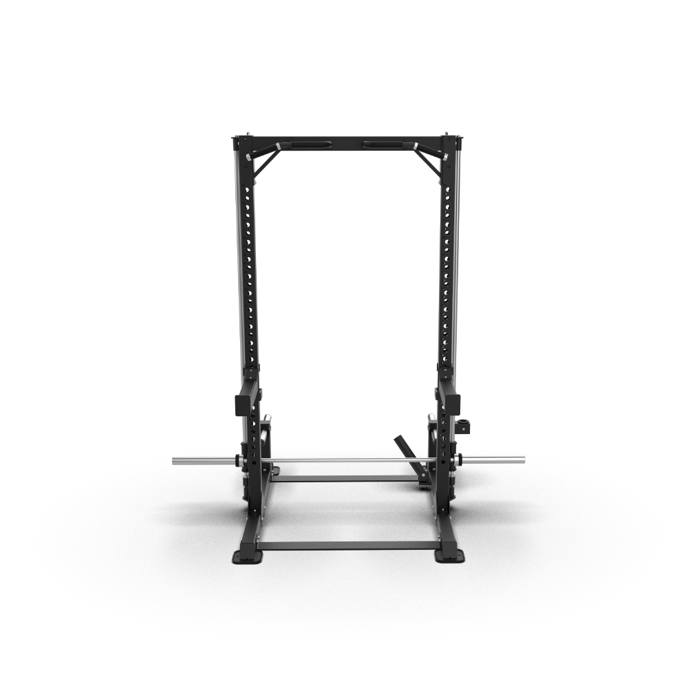 Front view of the QLI QSRF01 squat rack frame with angled and straight pull-up grips across the top