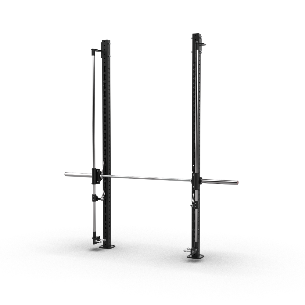 QLI Squat Rack Frame QSRF77, twin 2510mm uprights with a barbell on sliding guide shafts