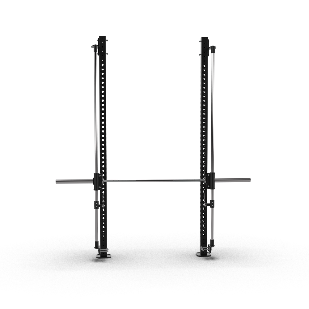QLI Squat Rack Frame QSRF77, twin 2510mm uprights with a barbell on sliding guide shafts