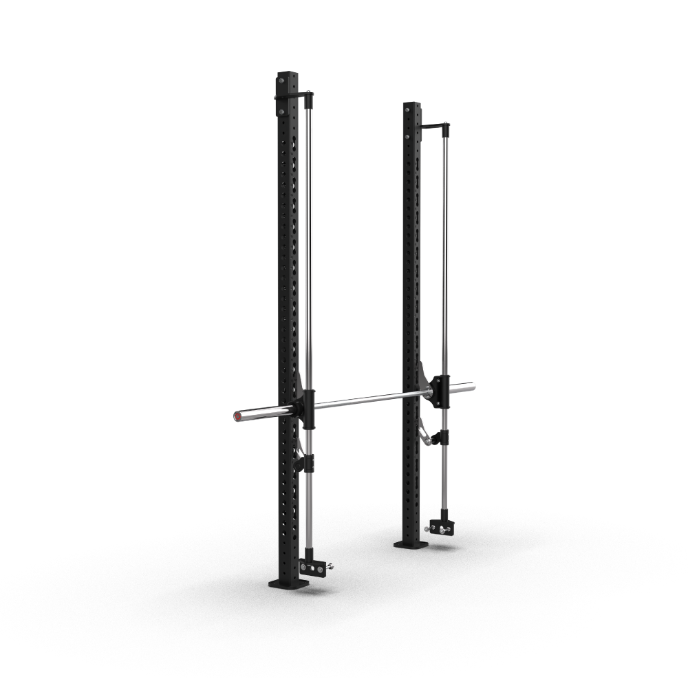 QLI QSRF77 squat rack frame at an angle, showing the slide shafts