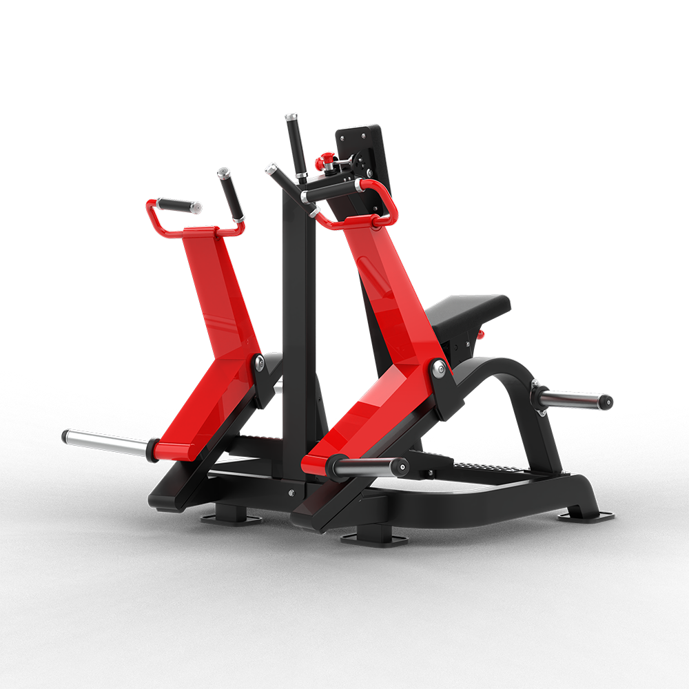 QLI Seated Row Machine QSRM060 with red row arms, vertical and horizontal grips and chest pad