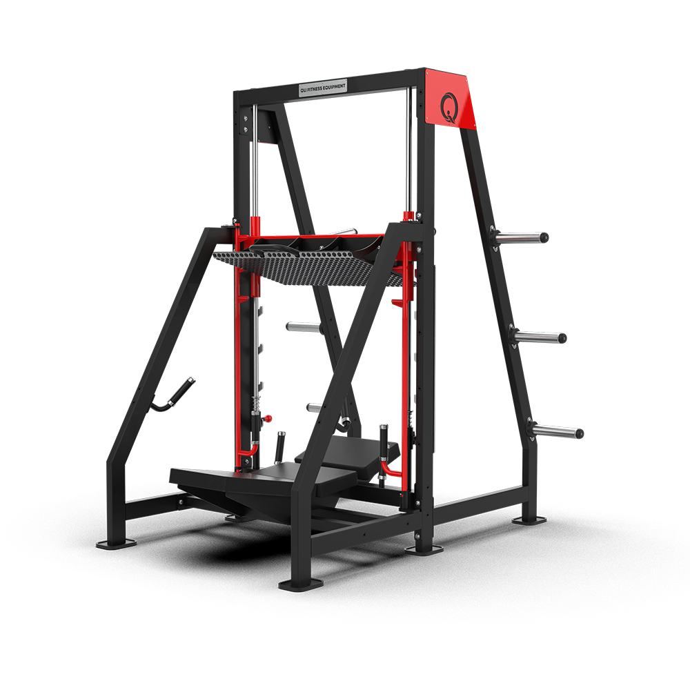 QLI Vertical Leg Press QVLP070 with red sled, overhead footplate, back pad and plate horns