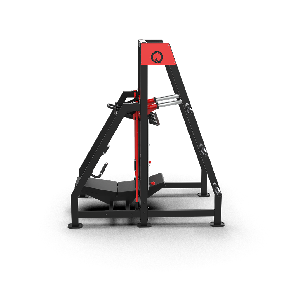 QLI Vertical Leg Press QVLP070 with red sled, overhead footplate, back pad and plate horns