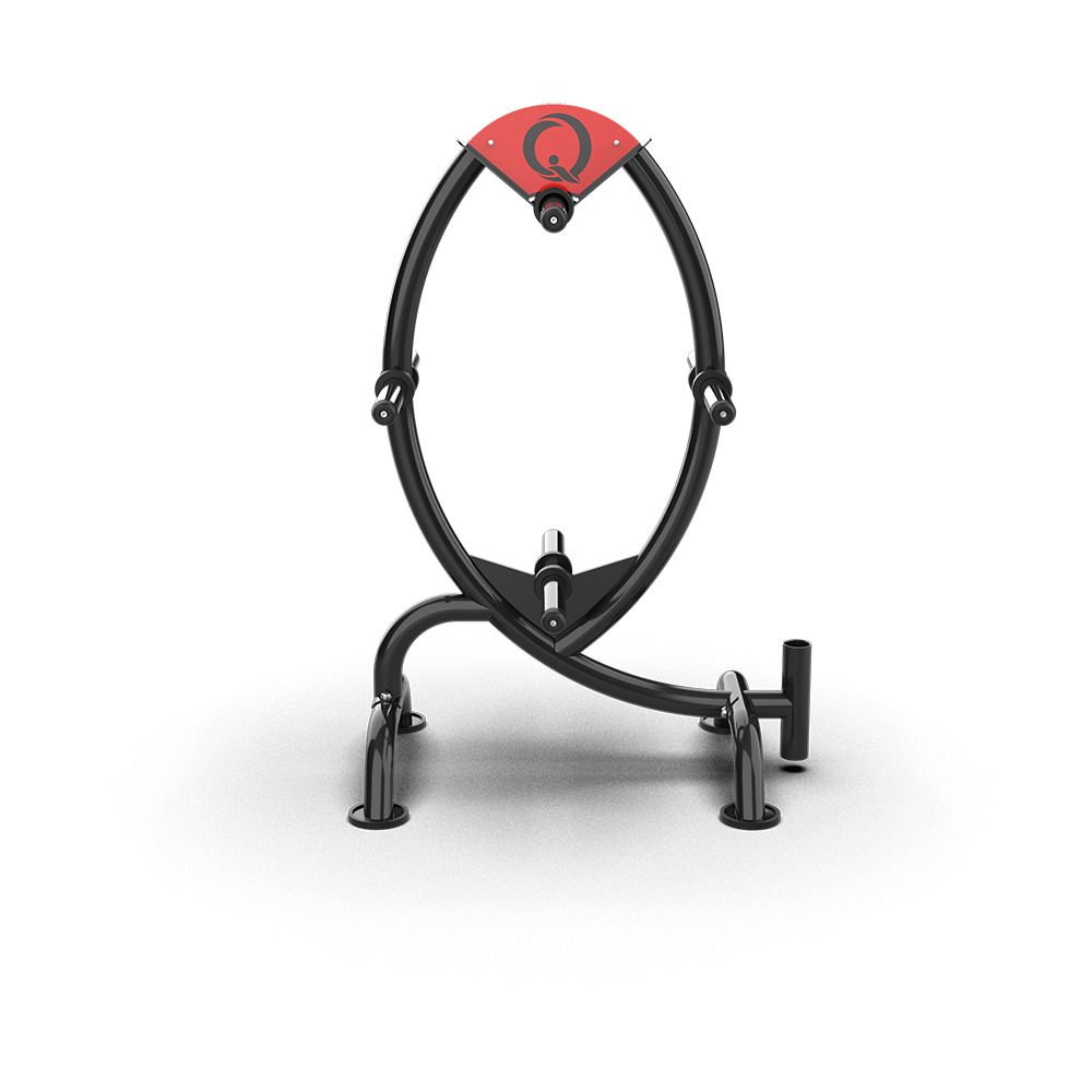 QLI Weight Plate Storage Rack QWPR37, a black oval-frame plate rack with a red QLI top panel and curved legs