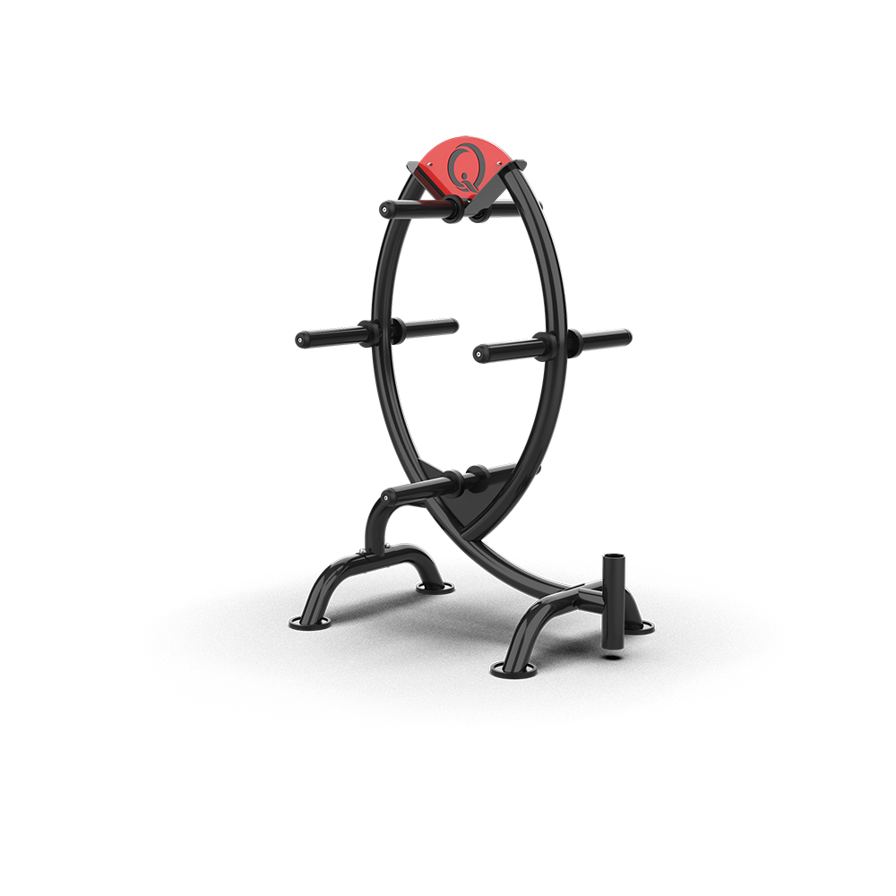 QLI Weight Plate Storage Rack QWPR37, a black oval-frame plate rack with a red QLI top panel and curved legs