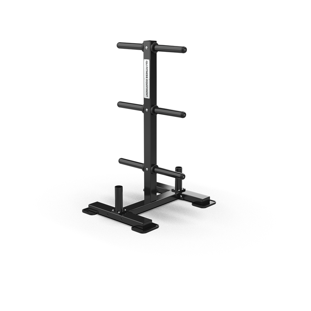 QLI Olympic Weight Tree QWT400, a black plate tree with six pegs and two vertical barbell holders in the base