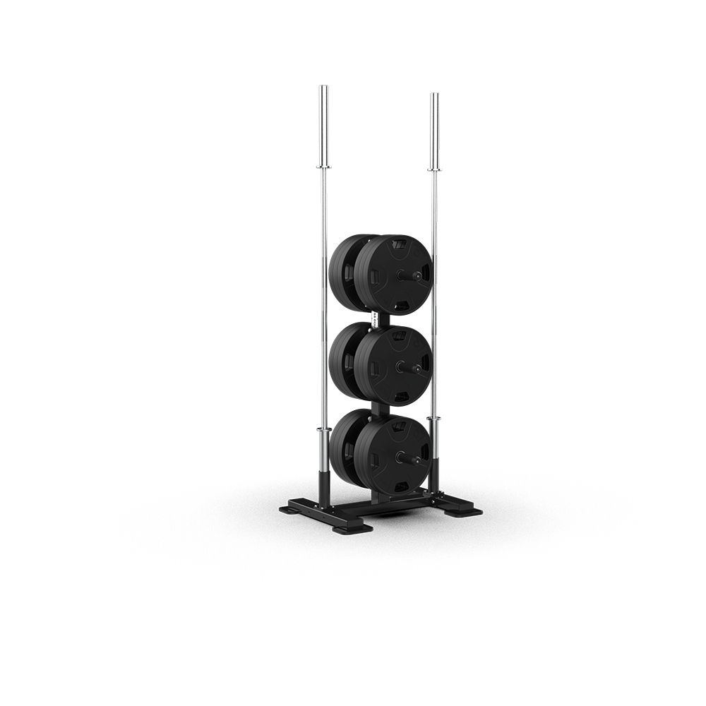 QLI QWT400 weight tree shown loaded with plates and barbells, from an angle