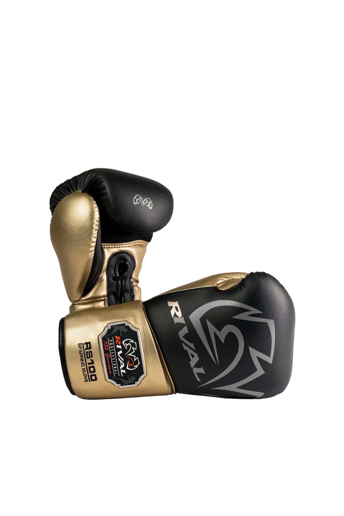 Rival RS100 Professional sparring gloves black and gold front view - Fitness Hero
