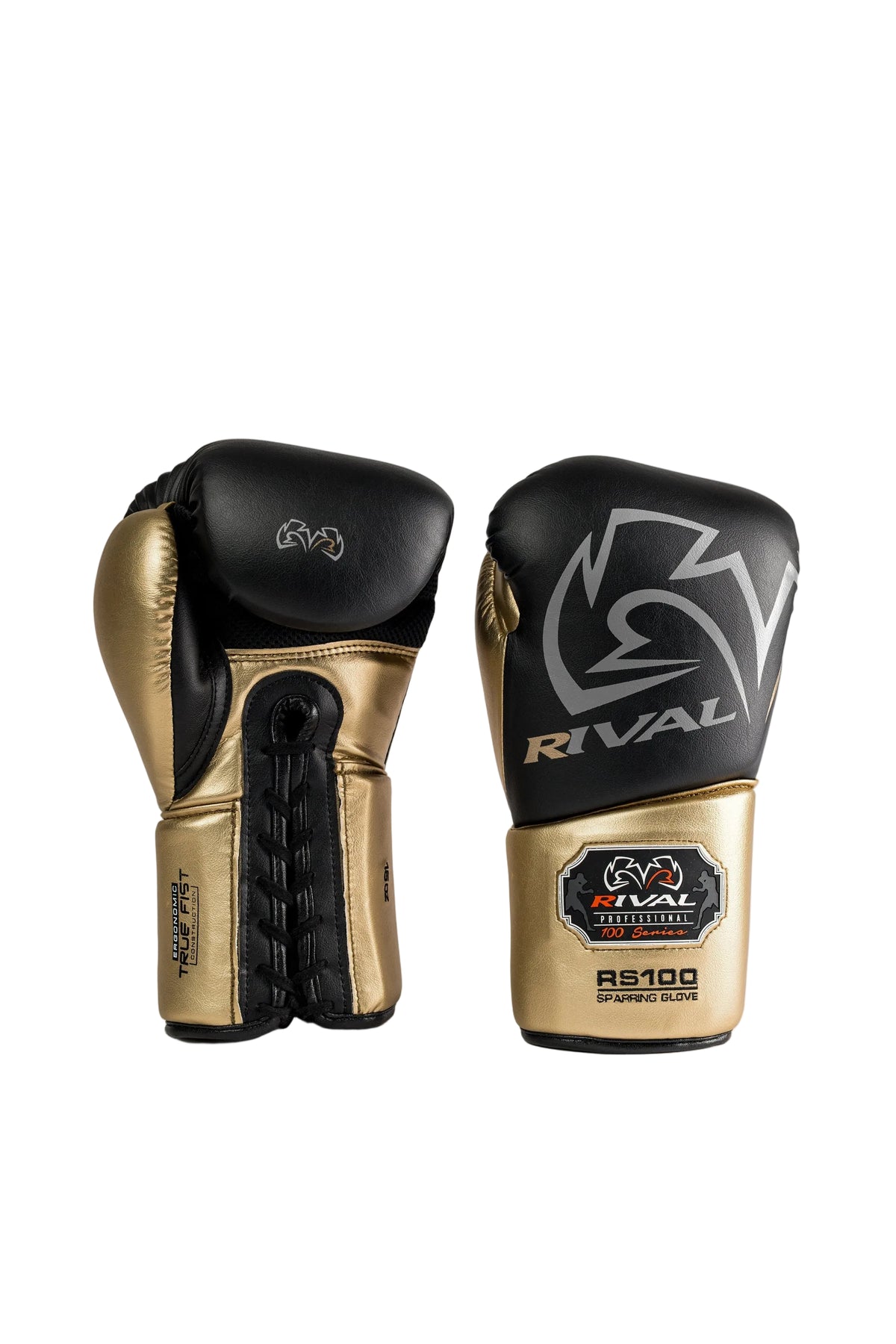 Rival RS100 Professional sparring gloves black and gold side view showing lace track