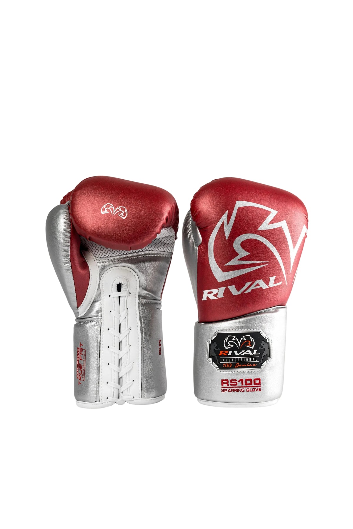 Rival RS100 Professional sparring gloves red and silver side view showing lace track