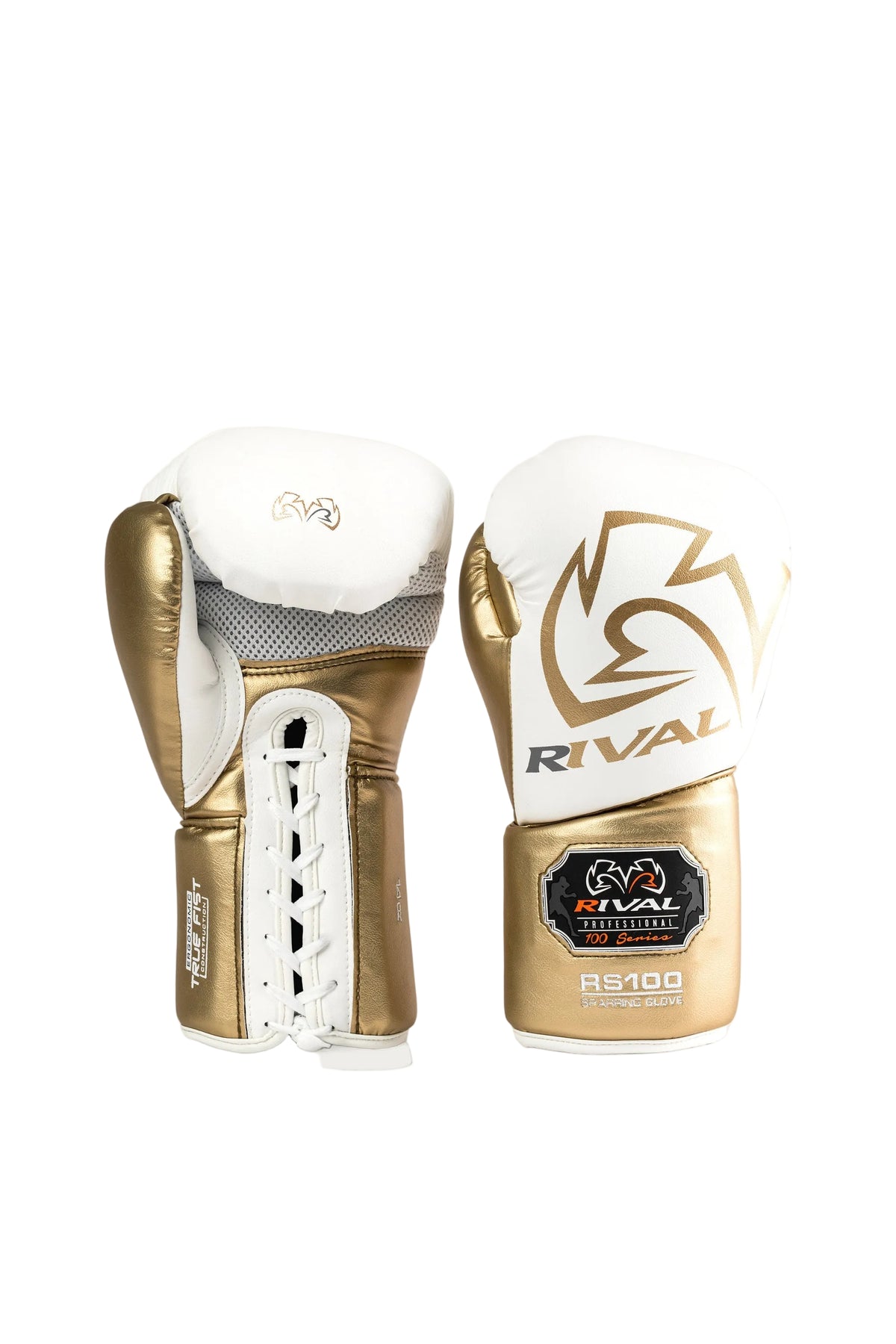 Rival RS100 Professional sparring gloves white and gold side view showing lace track