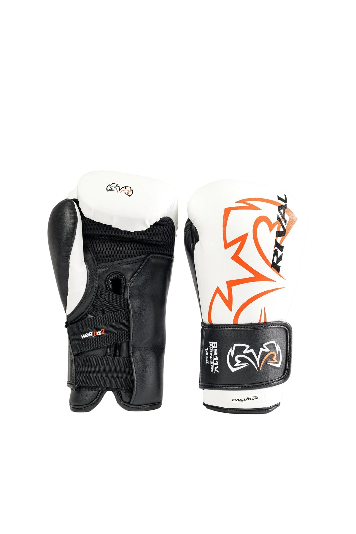 Rival RS11V Evolution sparring gloves white side view showing angled cuff