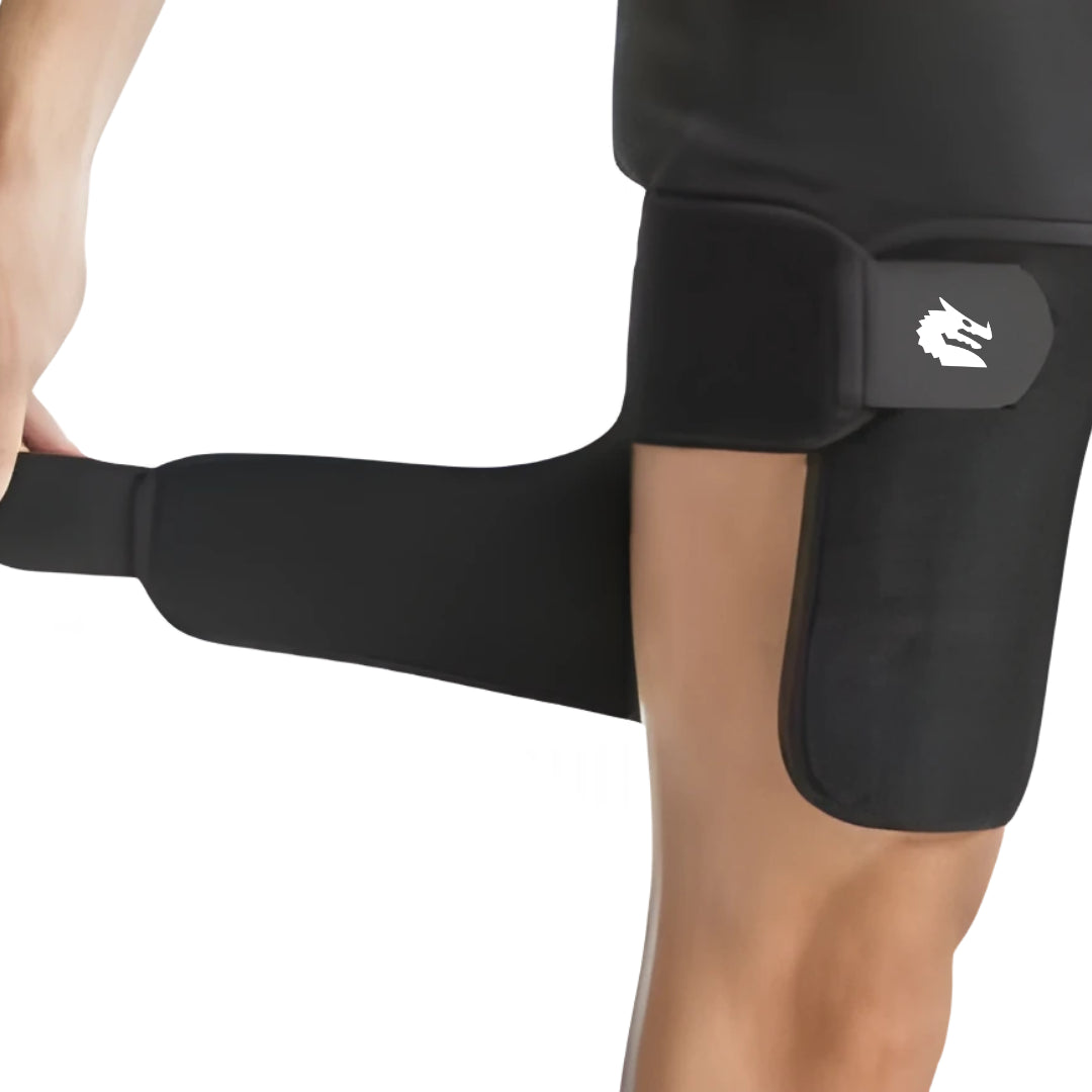 Black knee brace on a person&#39;s knee strapping