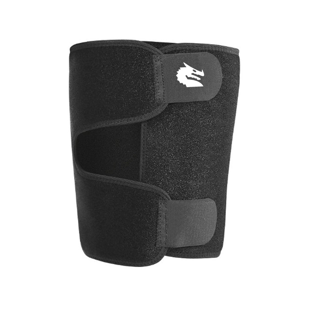 Black knee brace on a person's knee strapping