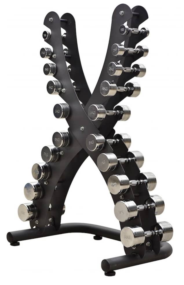 Reload Elite 1–10kg chrome dumbbell set with heavy duty steel rack