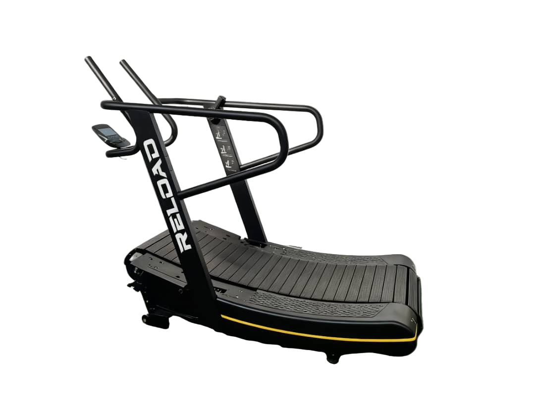 Reload non-electric treadmill with ergonomic handrails and steel frame