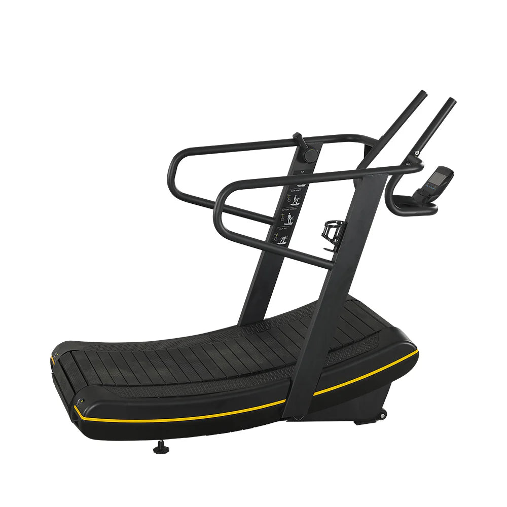Reload non-electric treadmill with ergonomic handrails and steel frame