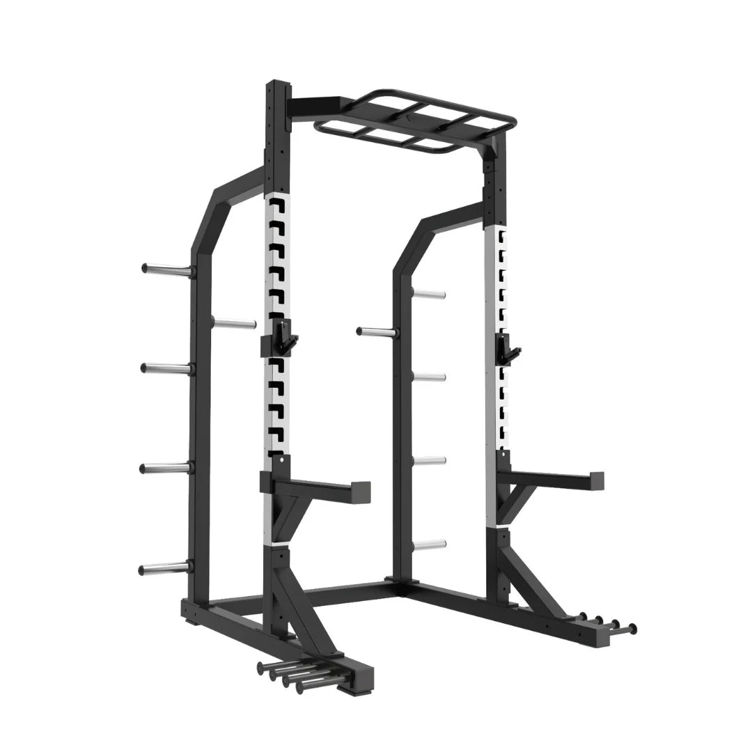 A heavy-duty power rack squat cage in black steel with silver safety pins and adjustment pegs, shown on a solid white background.