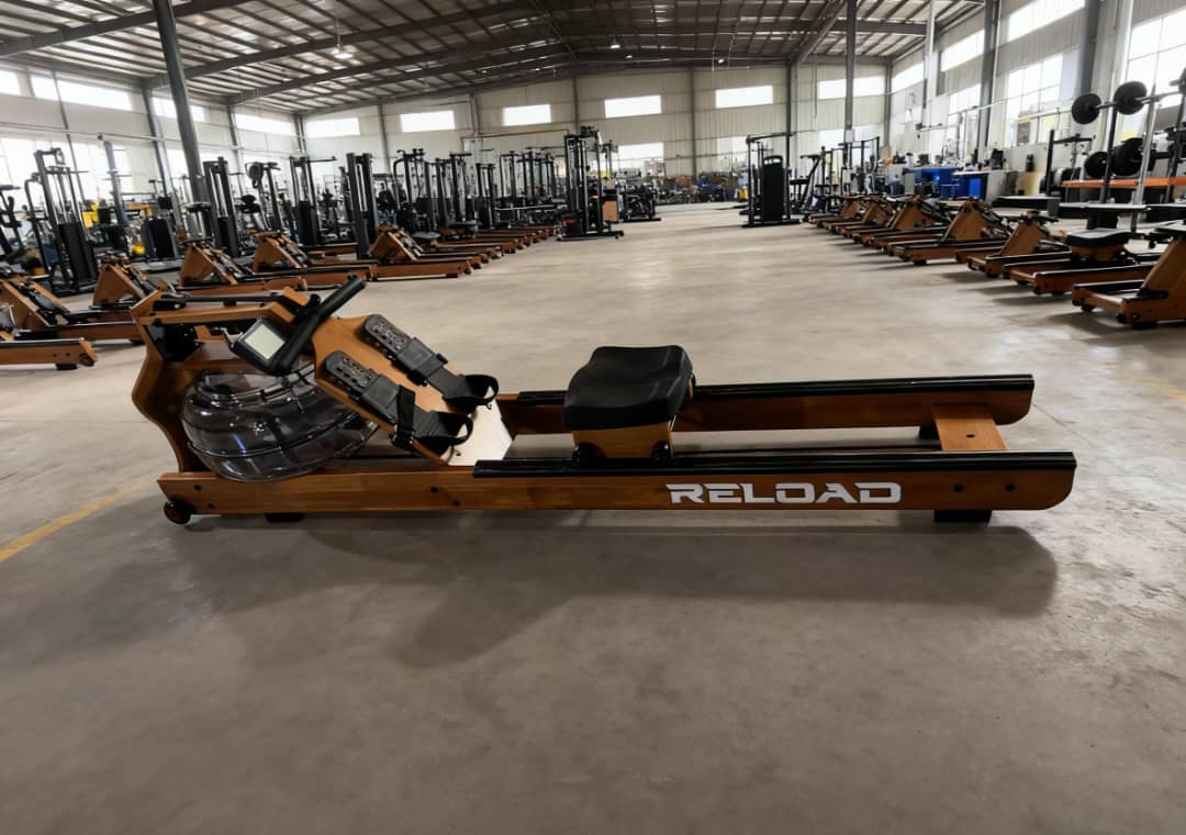 Reload Water Rower showing ergonomic seat, dual rails, and LCD console