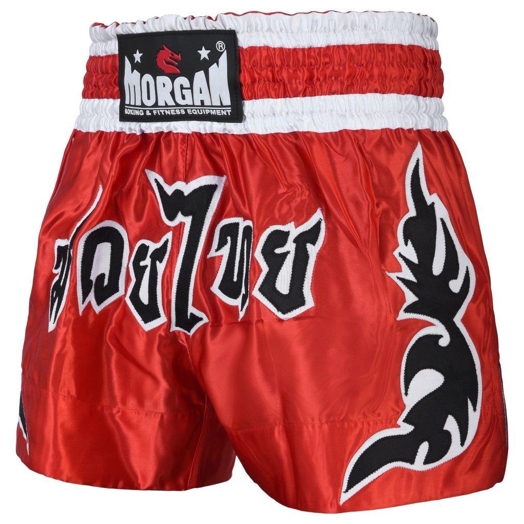 Morgan Full Force Muay Thai shorts, red with black lettering, alternate view 2