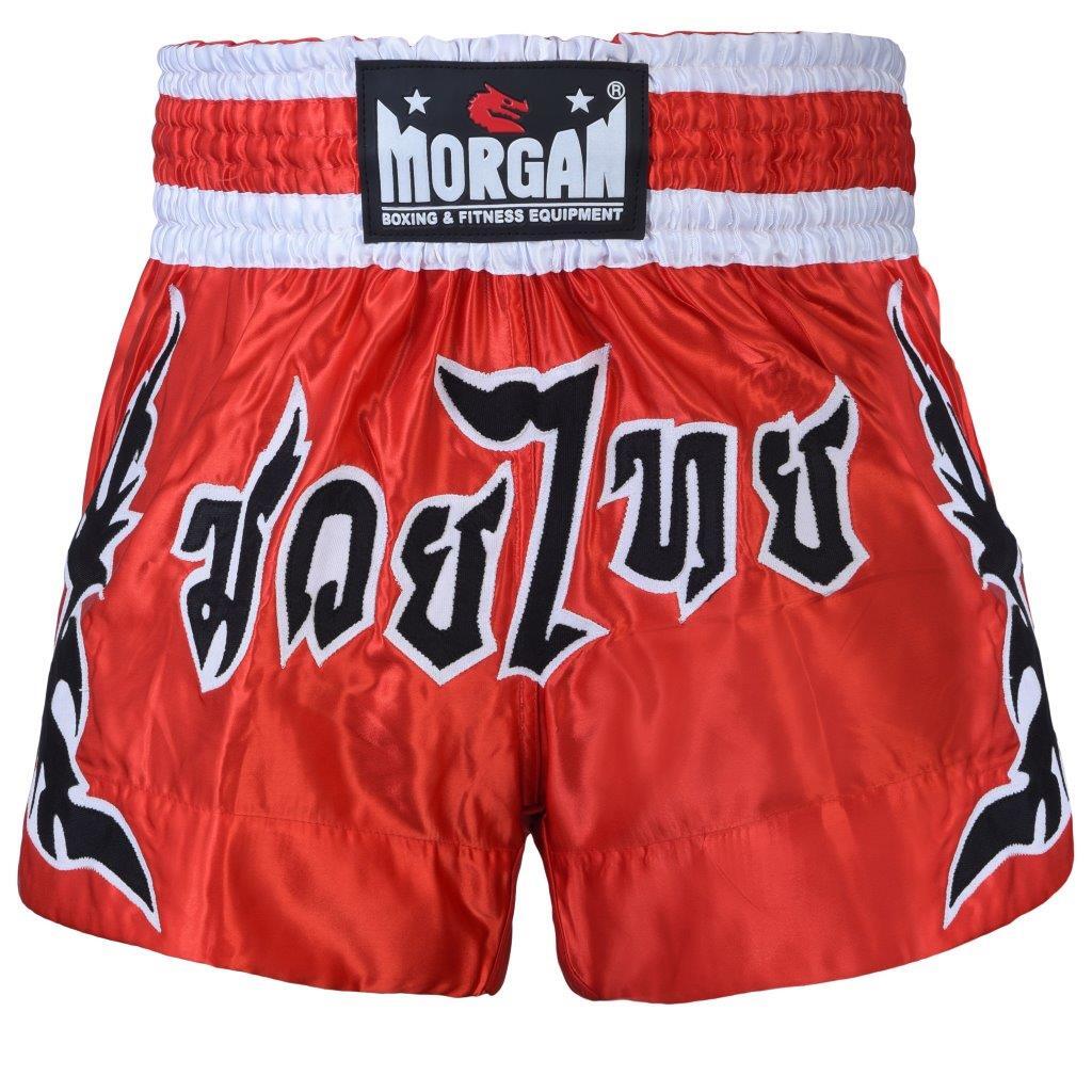 Morgan Full Force Muay Thai shorts, red with black lettering, alternate view 1