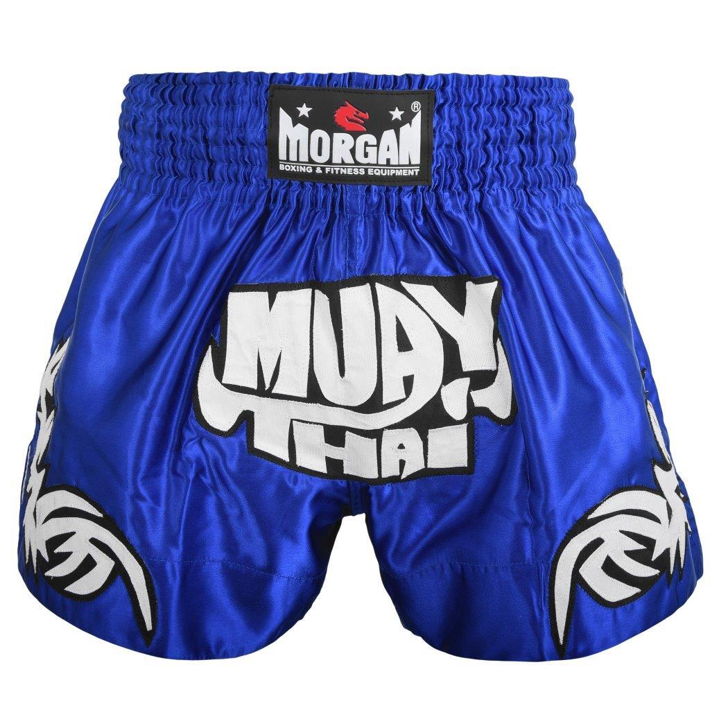 Morgan Aztec Warrior Muay Thai shorts, blue with white graphics, alternate view 1
