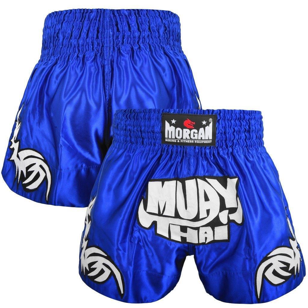Morgan Aztec Warrior Muay Thai shorts, blue with white graphics, front view