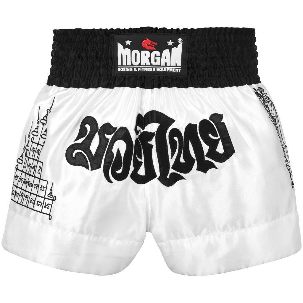 Morgan V2 White Tiger Muay Thai shorts, white with black lettering, front view