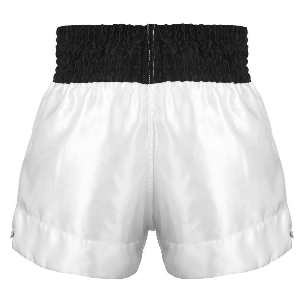Morgan V2 White Tiger Muay Thai shorts, white with black lettering, detail view
