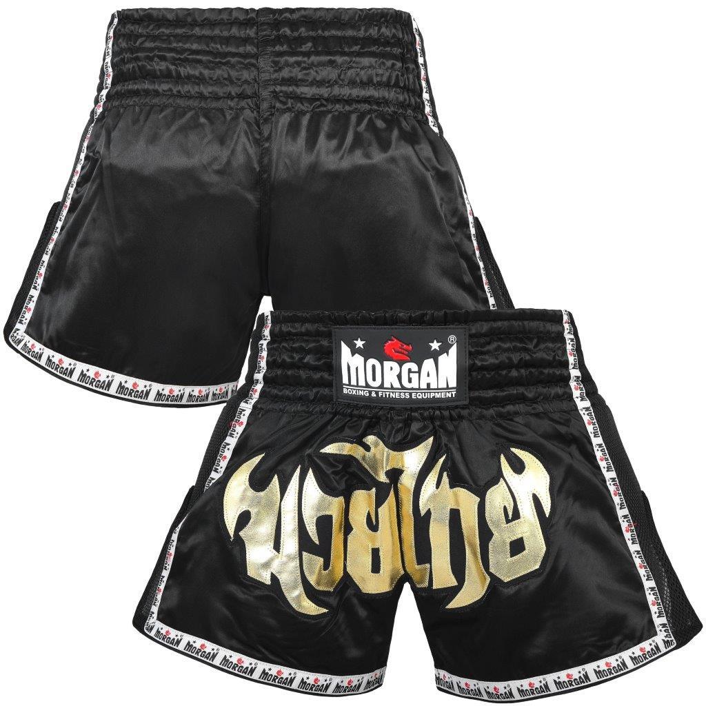 Morgan Lumpinee Muay Thai shorts, black with gold lettering, front view