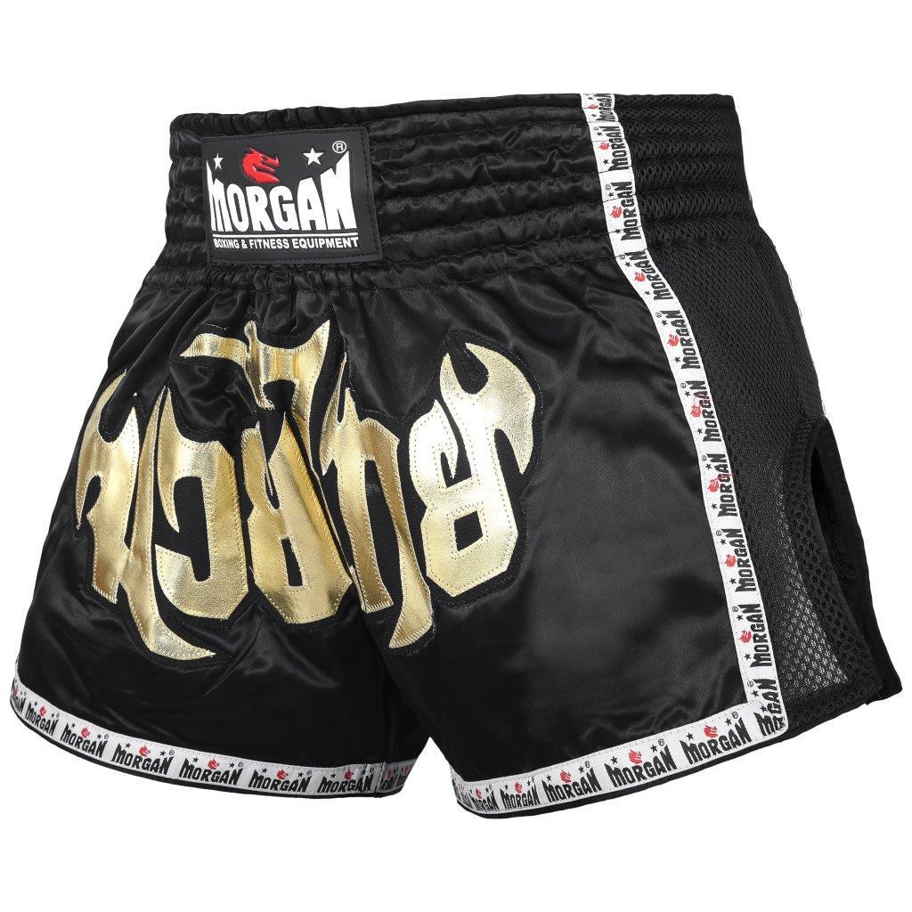 Morgan Lumpinee Muay Thai shorts, black with gold lettering, alternate view 2