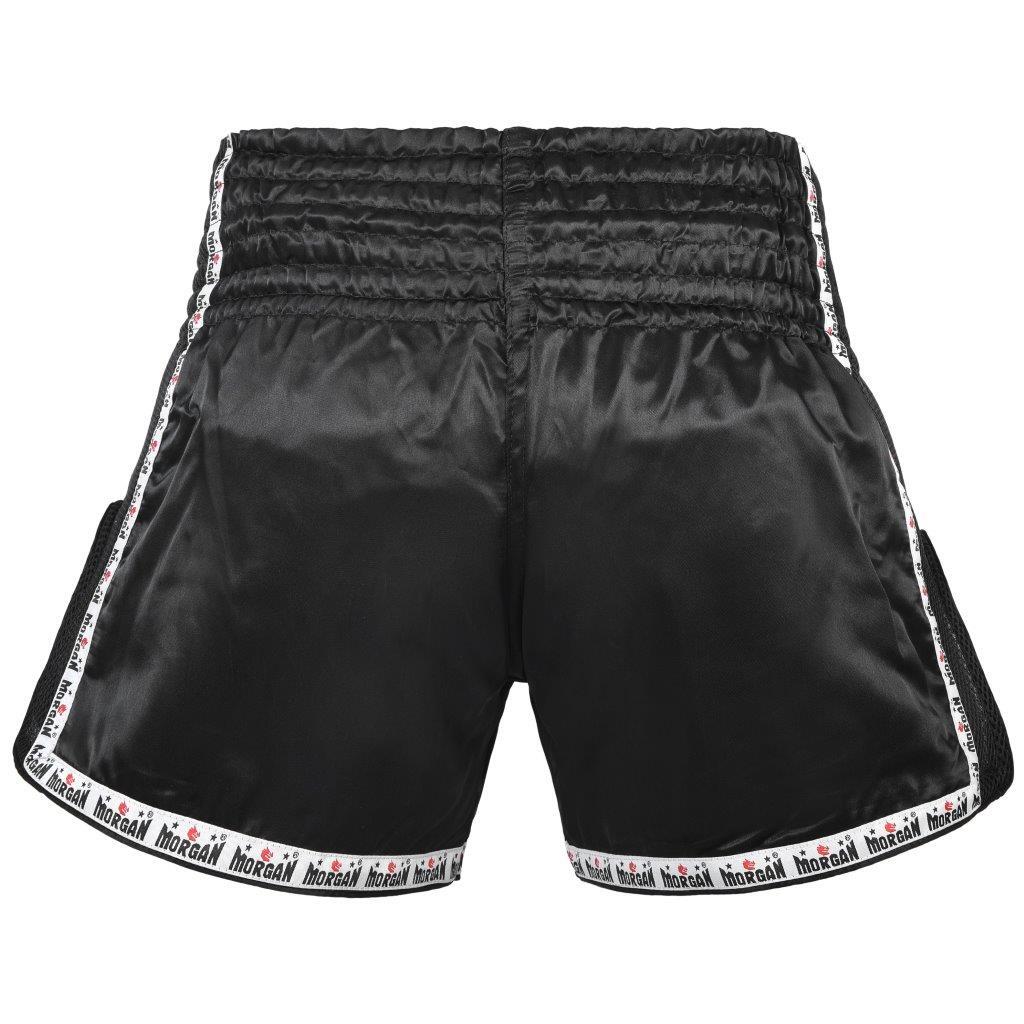 Morgan Lumpinee Muay Thai shorts, black with gold lettering, detail view