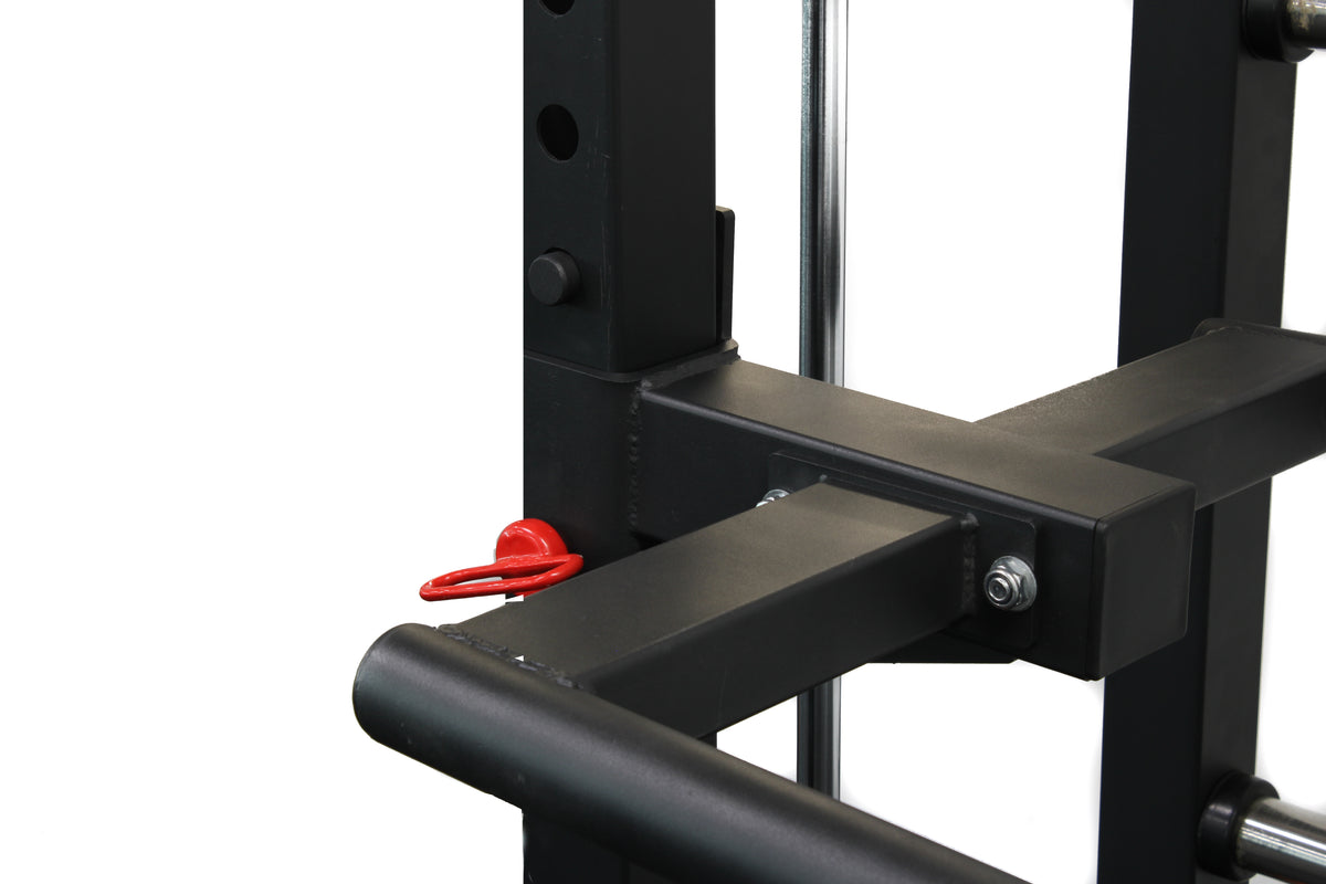 Dip bar attachment pin-mounted to the Reload Onyx rack upright with quick-release safety pin