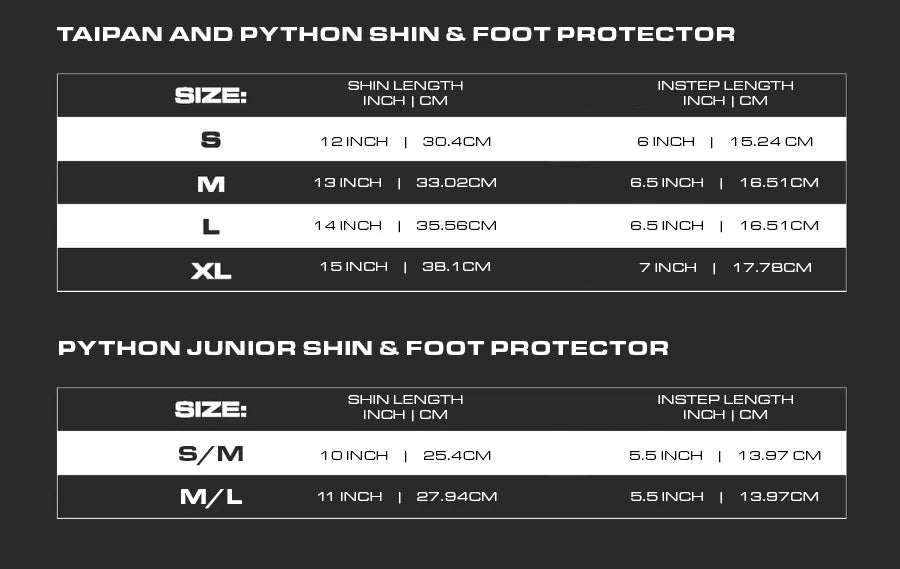 Size chart for Taipan and Python shin and foot protectors on a black background