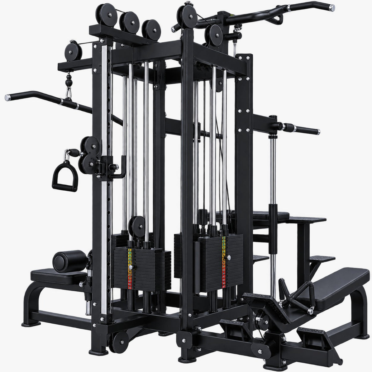 Synergy Series 4 station jungle gym TB66 - front three-quarter view with seated low row bench and lat pulldown station