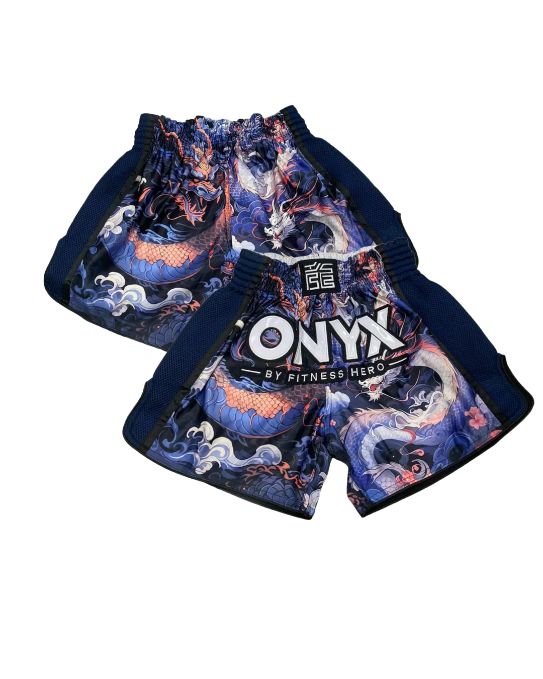 onyx muay thai shorts embroidered waistband mesh sides designed in australia front and back